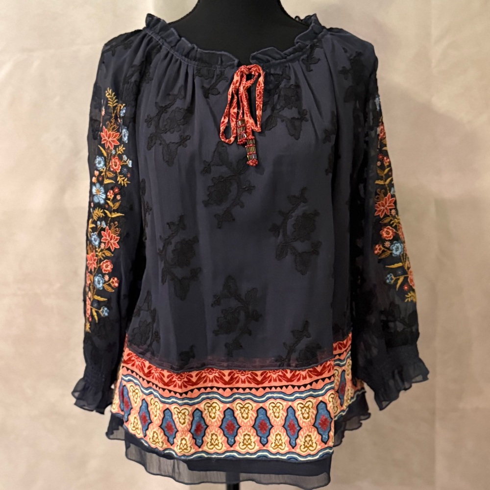 John & Mark Boho Peasant Blouse Blue Floral Embroidered Sheer Sleeve Tassel Hem